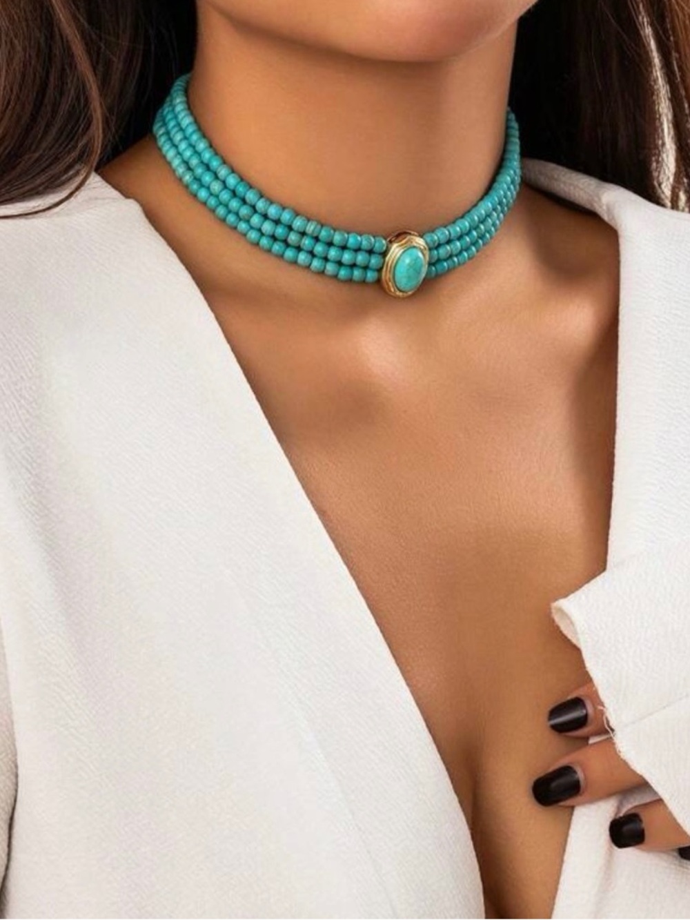 Turquoise Beaded Triple-Strand Choker Necklace - Women Jewelry